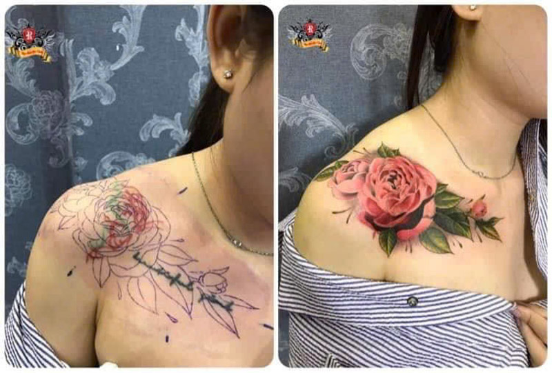 Hình xăm che sẹo lồi ở vai không những dễ dàng giúp bạn che đi khuyết điểm mà còn giúp bạn có được hình xăm đầy chất nghệ thuật