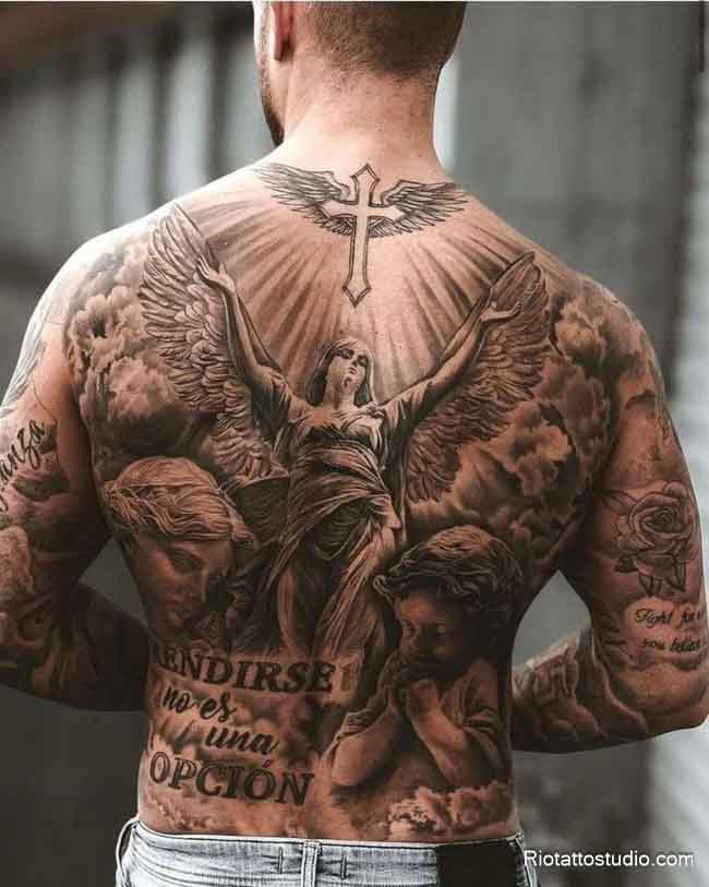 Hình xăm thiên thần sau lưng mạnh mẽ thể hiện sự che chở ở Rio Tattoo Studio