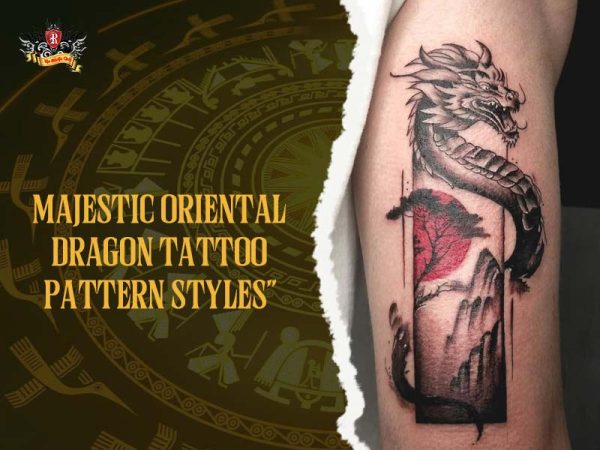 Dragon tattoo: majestic oriental dragon with red sun and mountains on forearm, bold black and grey design