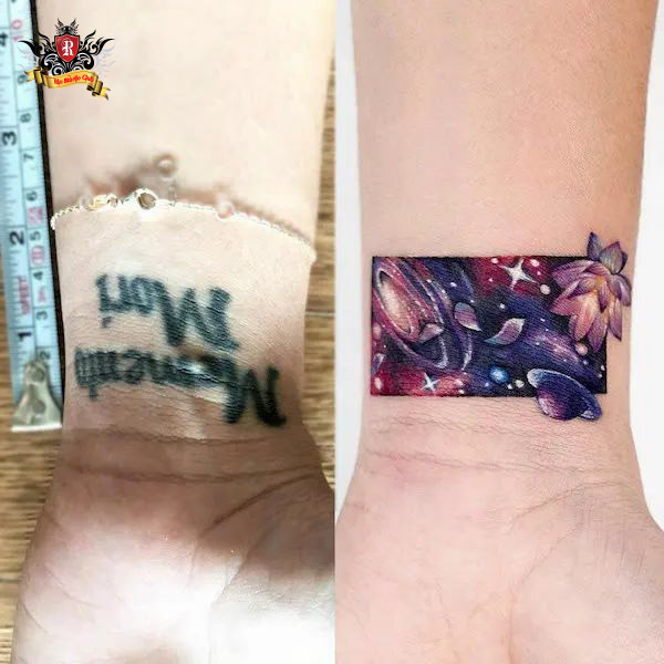Master Artist Trieu Viet Anh performing an enchanting Galaxy style cover-up tattoo over an old script design, featuring vibrant nebulae and stars.