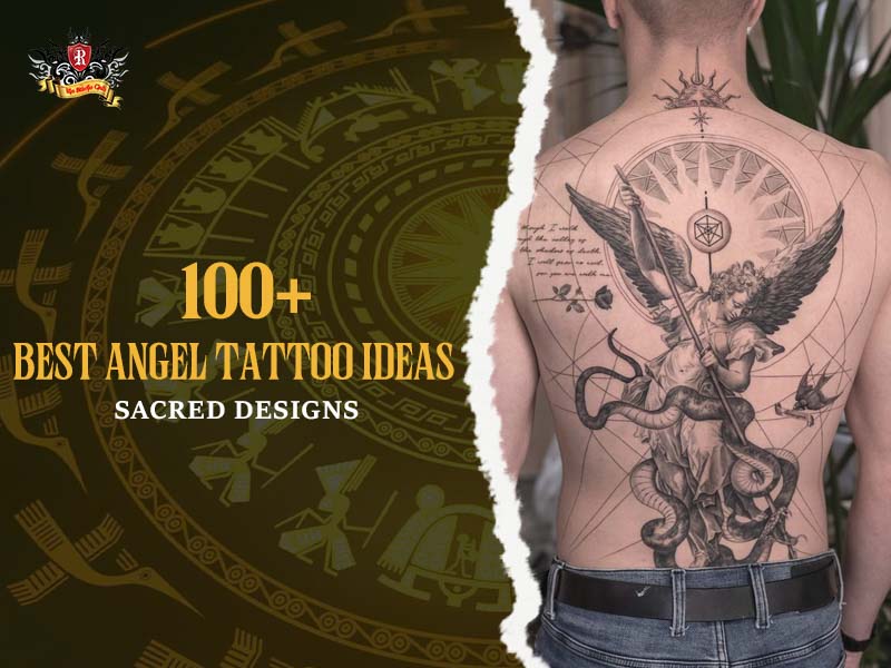 Neck angel tattoo with sword halo and divine script, elegant guardian angel tattoo