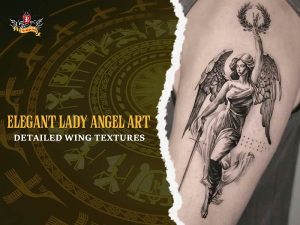 Full back angel tattoo with spear snakes and sacred geometry, powerful sacred angel tattoo