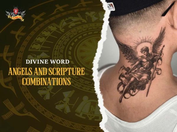 Elegant lady angel tattoo with wings sword and laurel on arm, detailed divine angel tattoo