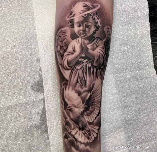 Archangel michael tattoo with sword halo wings on neck, powerful divine angel tattoo