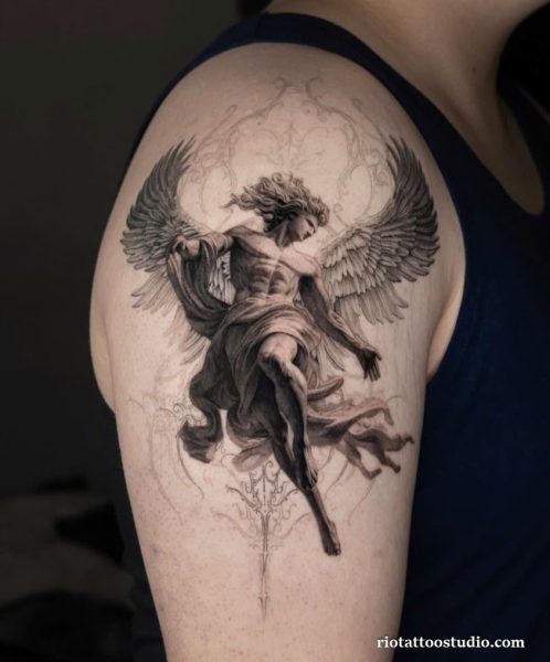 Praying cherub angel tattoo with halo dove clouds on arm, realistic sacred tattoo