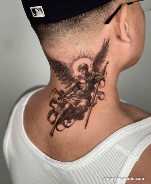 Muscular angel wings tattoo on upper back neck, powerful divine angel tattoo