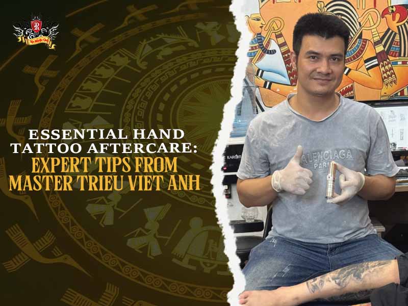 Master Trieu Viet Anh applying specialized healing ointment to a fresh hand tattoo to prevent fading