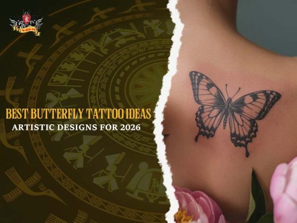 Artistic black butterfly tattoo on upper back neck, best butterfly tattoo ideas for 2026