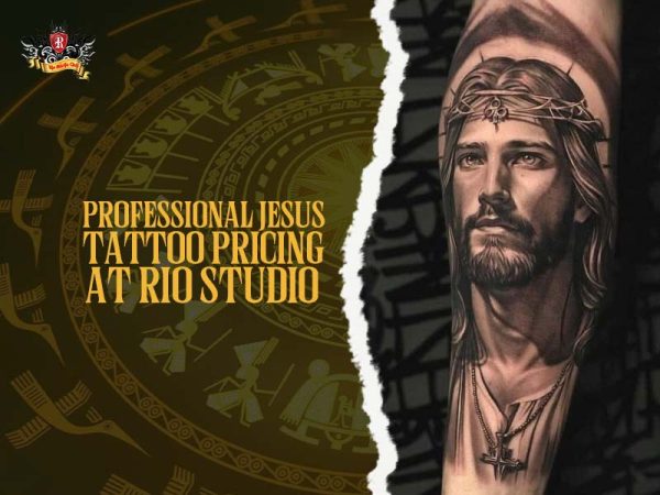Professional realistic Jesus Christ tattoo portrait on arm with crown of thorns and cross, sacred Christ tattoo pricing