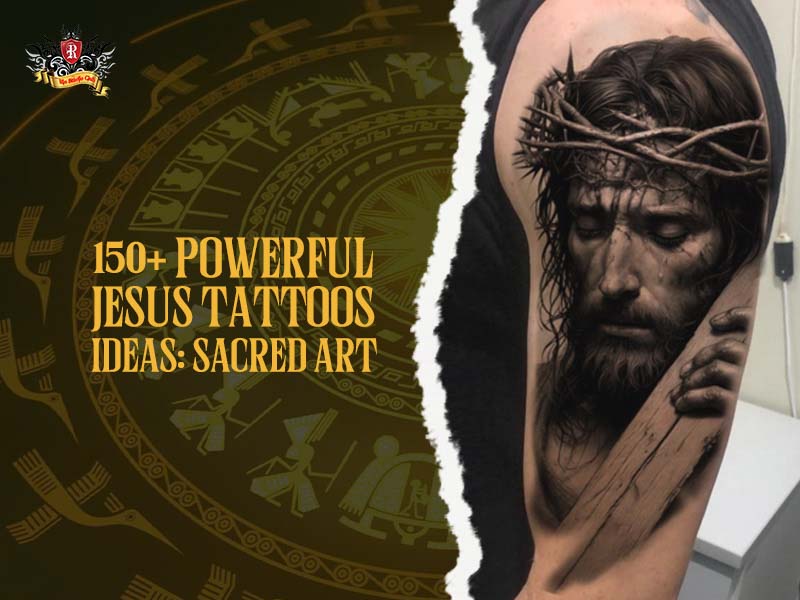 Powerful full arm Jesus Christ tattoo with crown of thorns and cross, realistic sacred Christ tattoo ideas