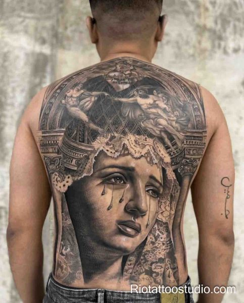 Full back christian tattoo Madonna weeping with angels and gothic frame, sacred religious back tattoo