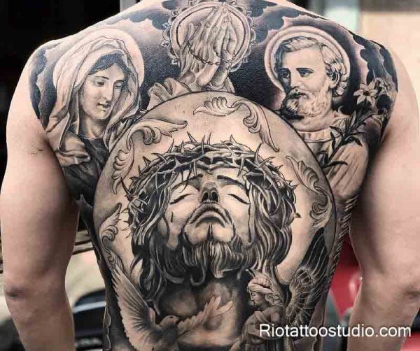 Full back jesus crown of thorns christian tattoo with Virgin Mary saints doves, powerful religious back tattoo