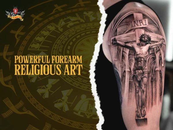Powerful jesus crucifixion christian tattoo in gothic frame on forearm, realistic religious tattoo