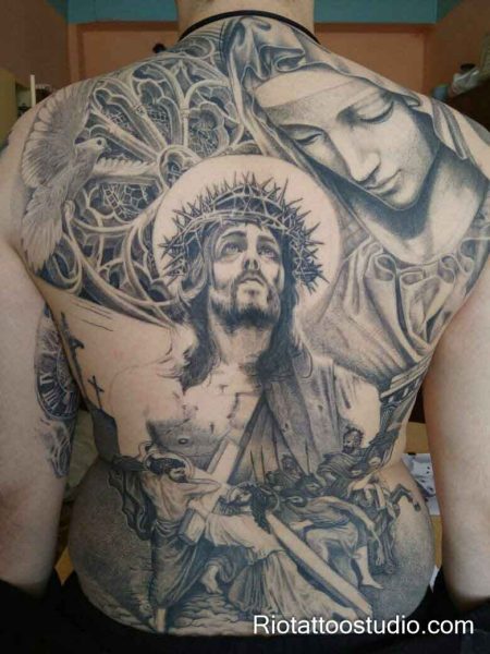 Full back jesus crucifixion christian tattoo with Virgin Mary and angels, detailed religious back tattoo