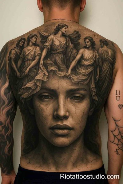 Full back Madonna cracked face christian tattoo with angels and classical style, realistic sacred tattoo