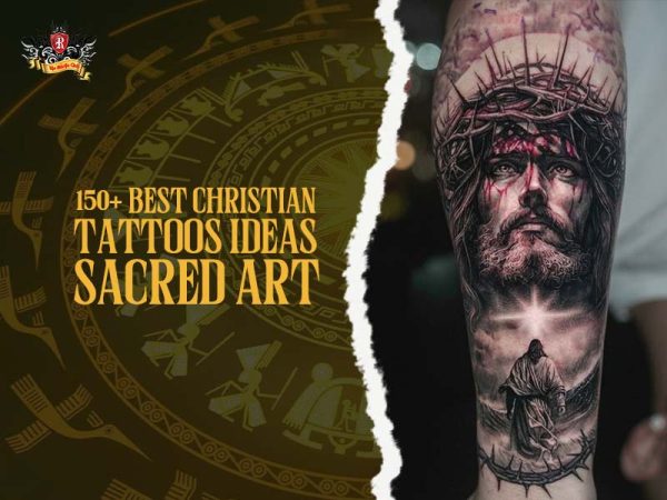 Ethereal christian tattoos with jesus cross and angel wings divine light on arm, sacred religious tattoo