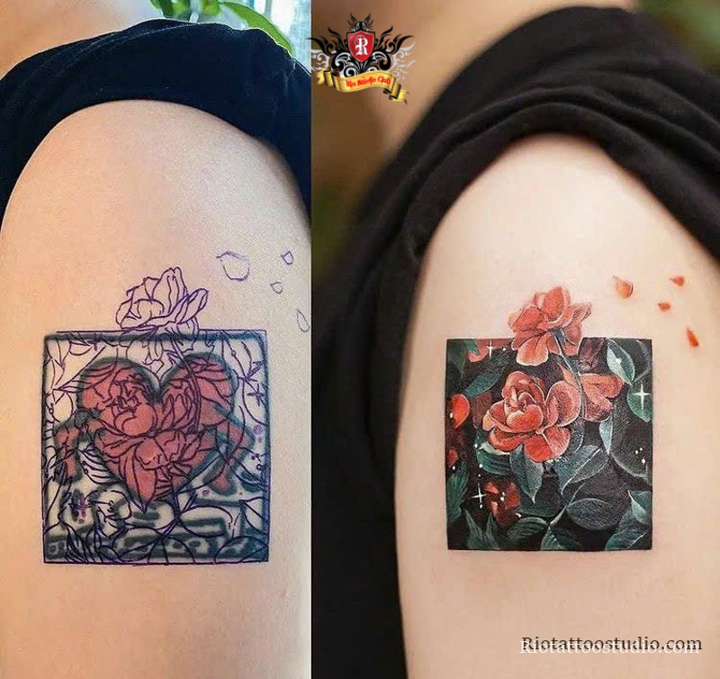 Master Artist Trieu Viet Anh performing a professional floral cover-up tattoo to beautifully conceal an old ink design.