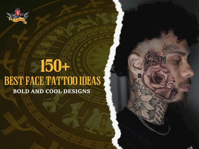 Face tattoo with rose geometric patterns and letters on side head, cool bold face tattoo