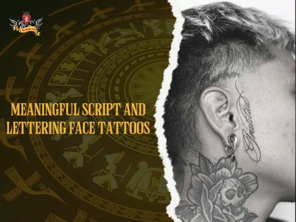 Face tattoo with "Beautiful" script near ear and floral skull on side head, bold meaningful face tattoo