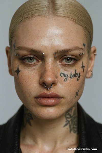 Cry baby script face tattoo with stars on forehead cheeks, edgy lettering face tattoo