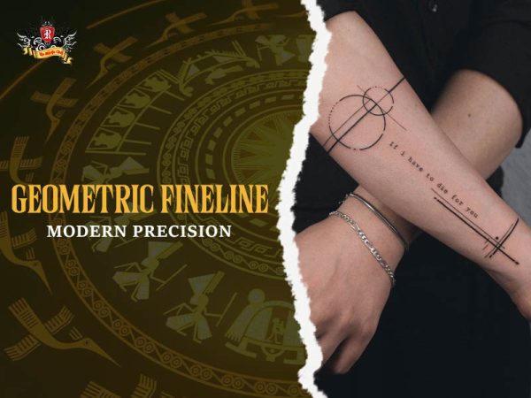 Geometric fineline tattoo with circle lines script on forearm, modern fineline tattoo