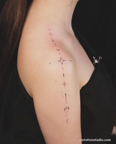 Fineline abstract vines orchid crystal on arm, artistic fineline tattoo