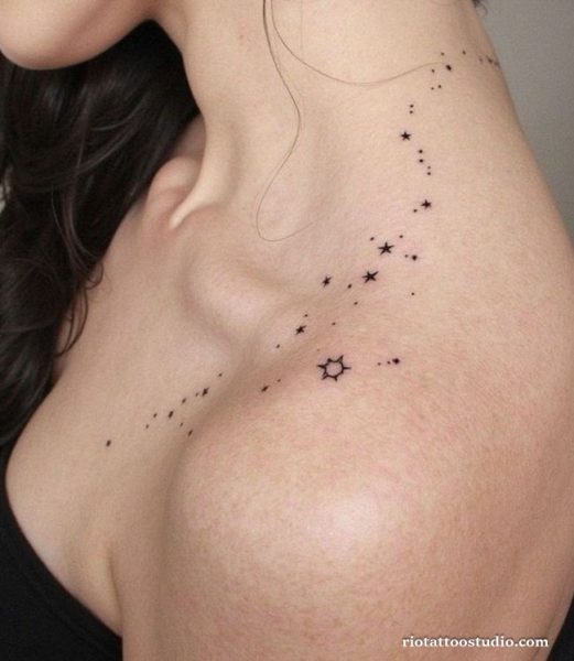 Geometric fineline cross moon stars dotted lines on arm, minimalist fineline tattoo