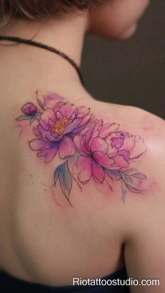 Red peony flower with minimalist kiss line art on forearm, feminine floral tattoo