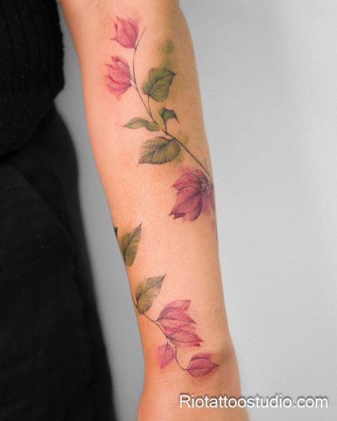 Purple-pink peony flowers on shoulder, feminine watercolor floral tattoo