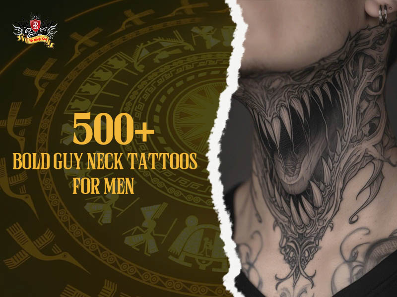 Guy neck tattoo: bold blackwork dragon jaws and intricate patterns full neck piece for men