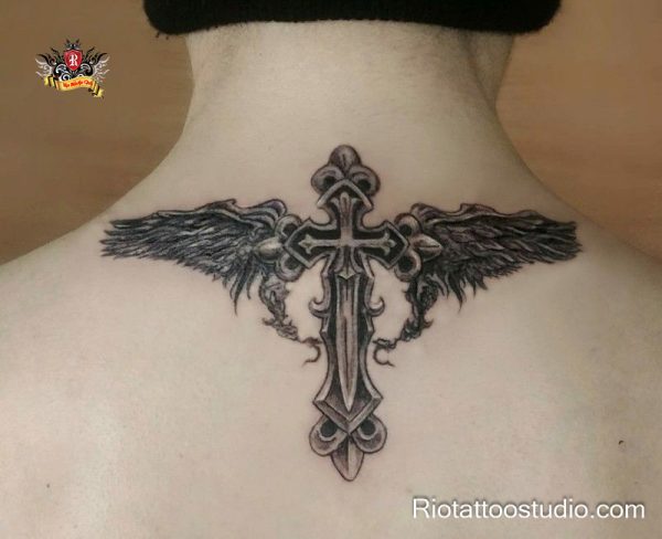 Winged Ornate Cross Tattoo on Upper Back – Riot Tattoo Studio
