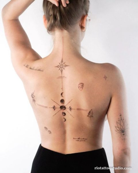 Tattoo nửa lưng nữ đường nét mềm mại hiện đại