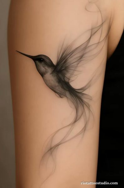 Vibrant colorful hummingbird tattoo with flowers on arm, detailed hummingbird tattoo design