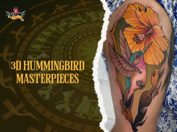 3D realistic hummingbird tattoo with hibiscus flower on arm, detailed hummingbird tattoo masterpiece