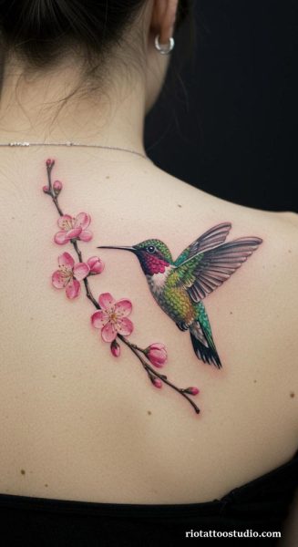 Colorful hummingbird tattoo with pink flowers and blue butterflies on arm, floral hummingbird tattoo
