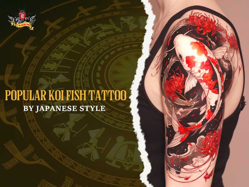 Traditional Japanese koi fish tattoo with bold outlines, vibrant colors, and dynamic wave background
