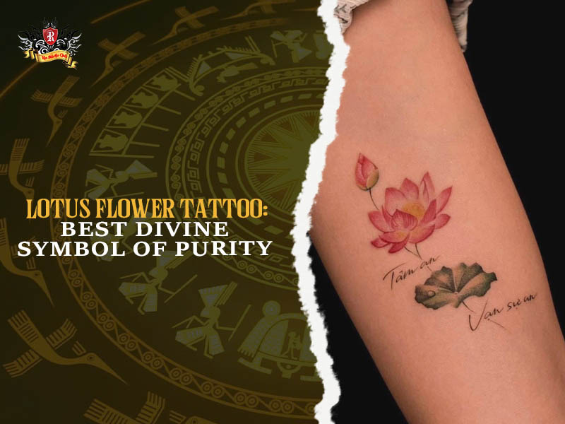Small lotus flower tattoo with pink bloom bud leaf and script on forearm, delicate lotus tattoo