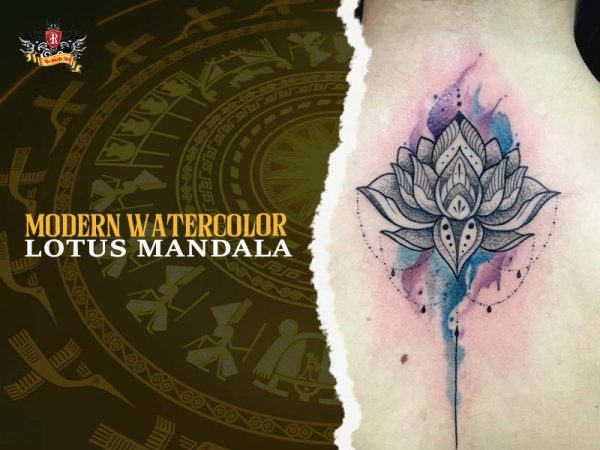 Watercolor lotus mandala tattoo with blue purple splash on back, modern sacred lotus tattoo