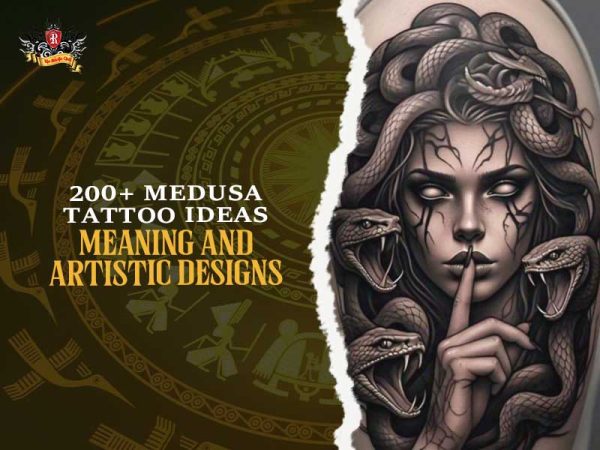 Medusa tattoo ideas – artistic Gorgon with snakes and shushing gesture in blackwork
