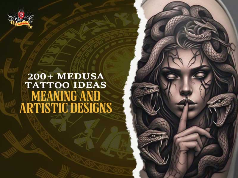 Medusa tattoo ideas – artistic Gorgon with snakes and shushing gesture in blackwork