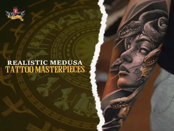 Realistic Medusa tattoo masterpiece on arm – detailed snakes and cracked stone face
