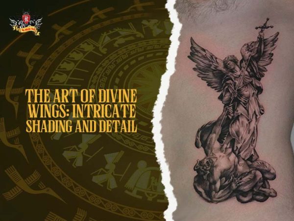 Intricate michael archangel tattoo with divine wings and shading on chest, detailed sacred tattoo