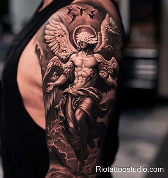 Large archangel michael tattoo with wings and demon on shoulder/arm, epic sacred tattoo