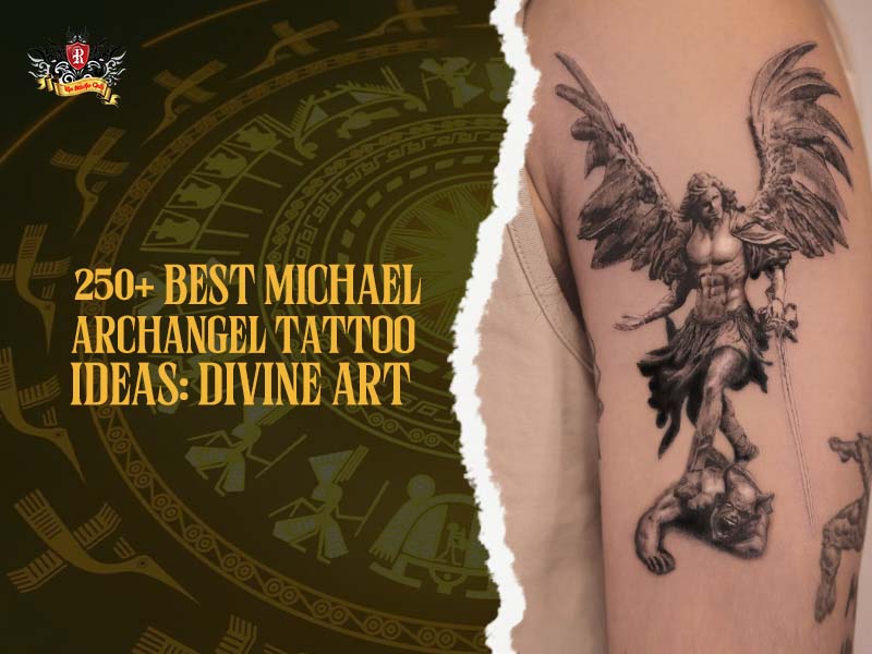 Archangel michael tattoo defeating demon with sword and wings on arm, powerful divine tattoo