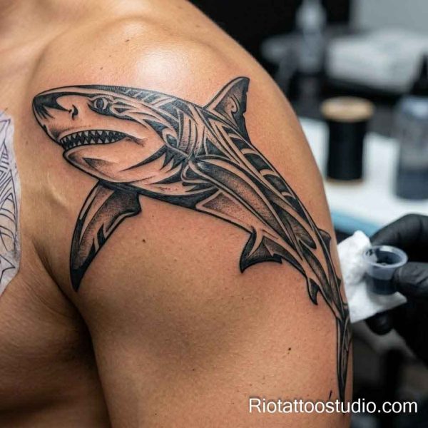 Polynesian tribal shark tattoo with open jaws patterns on shoulder, detailed shark tattoo