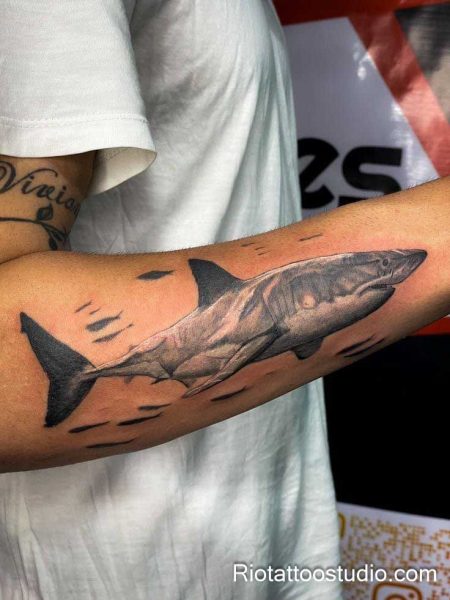 Realistic great white shark tattoo swimming on forearm, detailed shark tattoo
