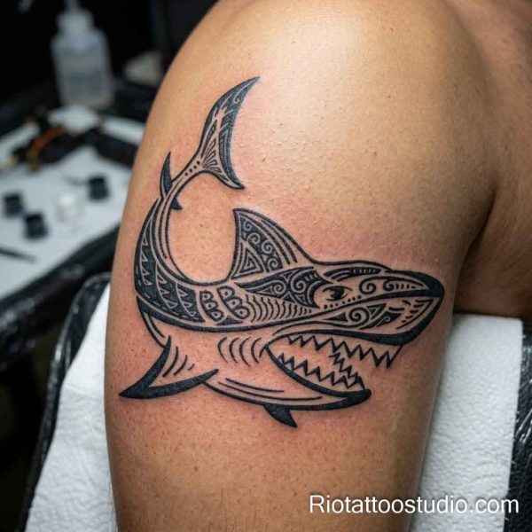 Small polynesian shark tattoo on upper back neck, minimalist tribal shark tattoo
