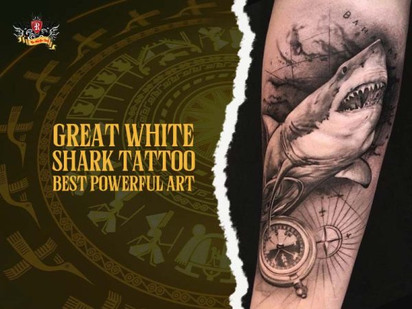 Realistic great shark tattoo with compass map on arm, powerful shark tattoo