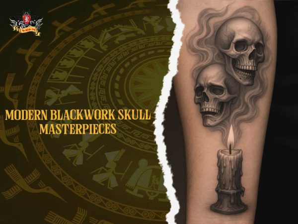 Bold skull tattoo with chains and red flames on arm, powerful blackwork skull tattoo ideas