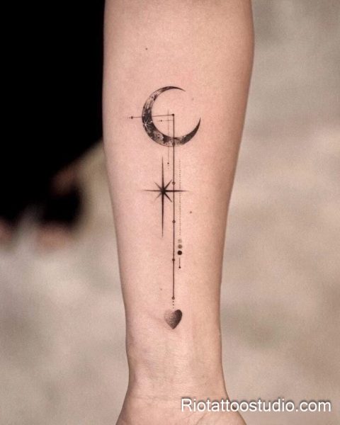 Smallest tattoos: geometric moon star and heart line art on forearm, tiny tattoo